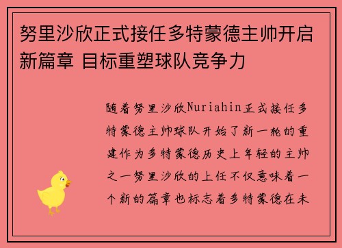 努里沙欣正式接任多特蒙德主帅开启新篇章 目标重塑球队竞争力