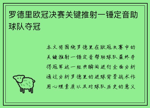 罗德里欧冠决赛关键推射一锤定音助球队夺冠